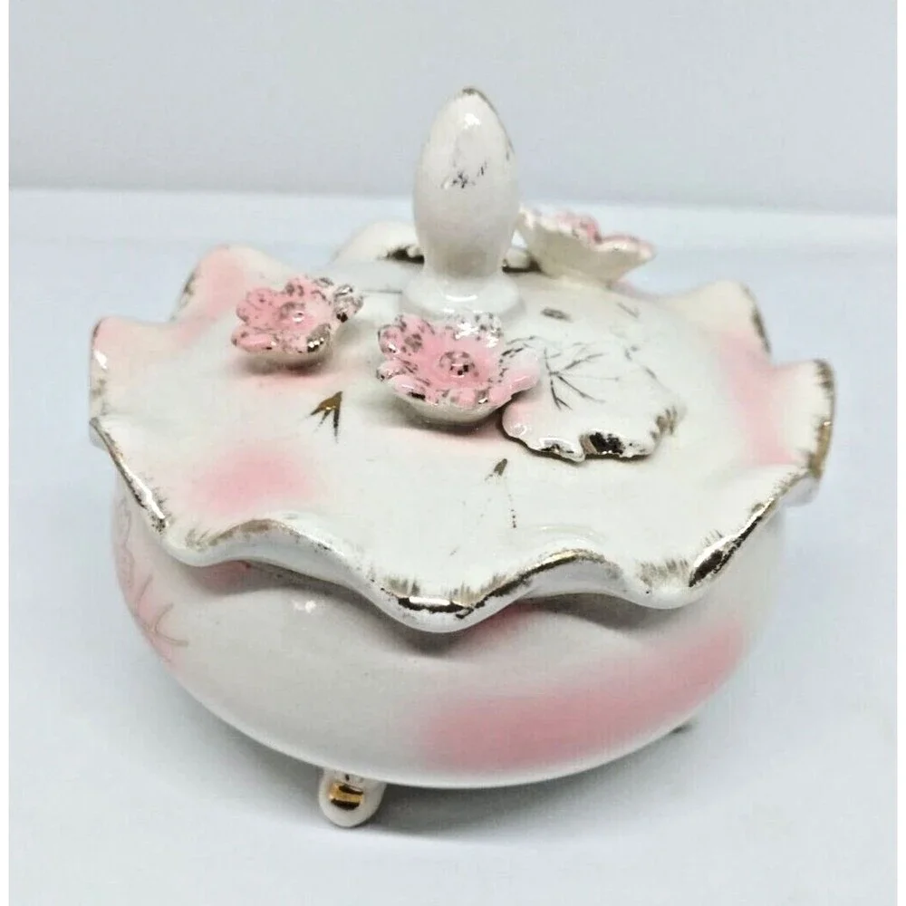 VTG Pink Flower Ceramic Trinket Box with Ivory Gold Lid Hand Painted Japan
